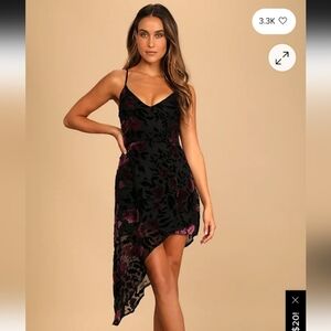 Lulus Evenings With You Black Floral Velvet Asymmetrical Dress In Mauve
